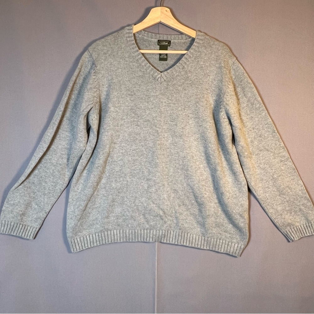 L.L. Bean Gray V-Neck Sweater 100% Cotton Pullover Women’s XL Classic Preppy